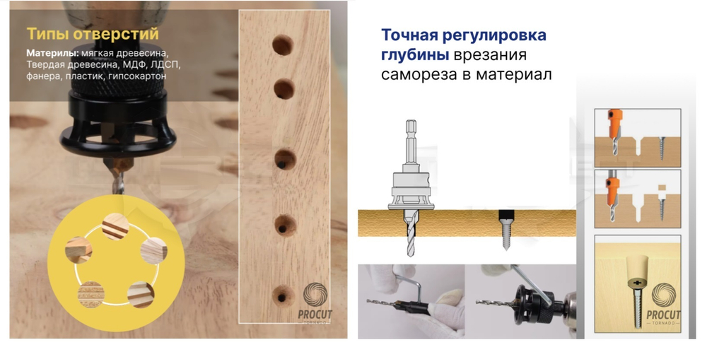 ХИТ! Набор зенкеров 6 шт с регулируемым ограничителем D 9.5 диаметры 2.4, 2.8, 3, 3.2, 3.5, 4 мм в футляре PROCUT CS101.000885