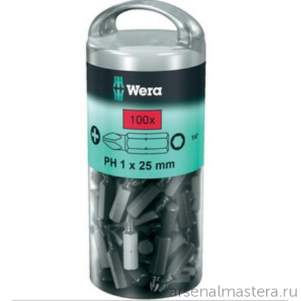 Набор 100 предметов БИТЫ, 1 / 4 C6.3, PH 2 x 25 мм, 851 / 1 Z DIY 100 PH 2 в тубе WERA WE-072441