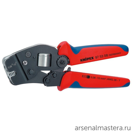 Пресс-клещи 190 мм для контактных гильз (ОБЖИМНИК ручной) DIN 46228 1+4, обжим: квадрат, торцевые, 1 гнездо, 0.08-10 мм2 97 53 08 KNIPEX KN-975308