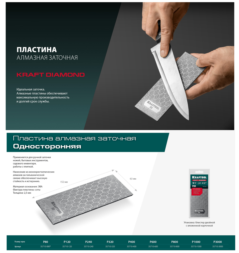 Новинка! Пластина алмазная заточная KRAFTOOL DIAMOND 63 х 150 мм, Р1000. Для ручной заточки ножей, инструментов, инвентаря, работы с плиткой 35710-1000