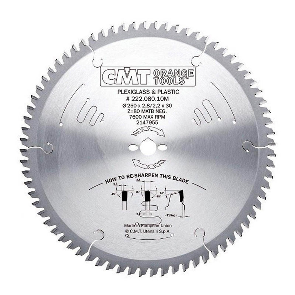 Диск пильный 250 x 30 x 2,8 / 2,2 - 3 градус MATB Z 80 для ПВХ и оргстекла, ламината CMT 222.080.10M