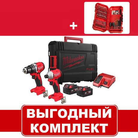 ВМЕСТЕ ВЫГОДНЕЕ! Комплект M18 BLCPP2B-502C с битами: Аккумуляторная Дрель-шуруповерт, Винтоверт с 2 аккумуляторами, зарядным устройством в кейсе, Набор ударных бит 40 пр. SHOCKWAVE GEN III MILWAUKEE N062-2AM