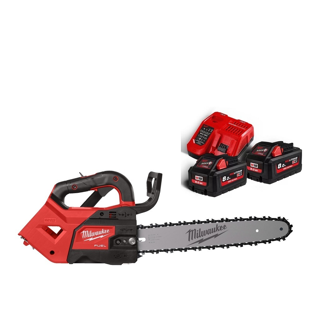 КОМПЛЕКТ M18 FUEL FTHCHS35-802: Аккумуляторная Цепная пила с верхней рукояткой 35 см FTHCHS35-0 с двумя Аккумуляторами HB8 8.0 Ач, Быстрозарядным устройством M12-18 FC Milwaukee 4933479589